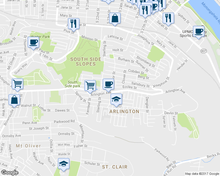 map of restaurants, bars, coffee shops, grocery stores, and more near 2405 Arlington Avenue in Pittsburgh