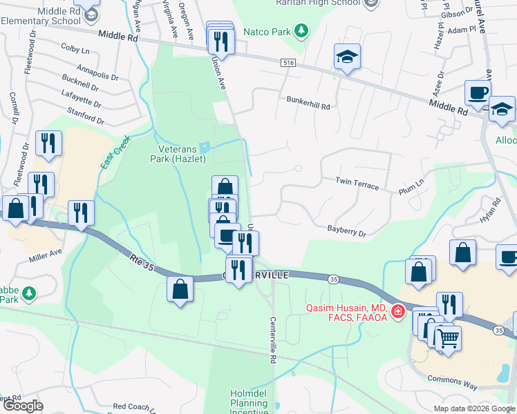 map of restaurants, bars, coffee shops, grocery stores, and more near 3 Hawthorne Avenue in Holmdel