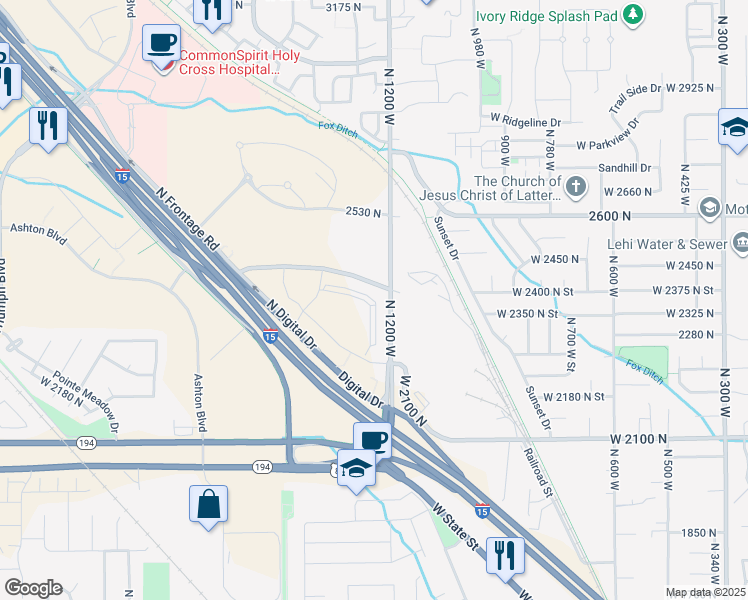 map of restaurants, bars, coffee shops, grocery stores, and more near 2377 North 1200 West in Lehi