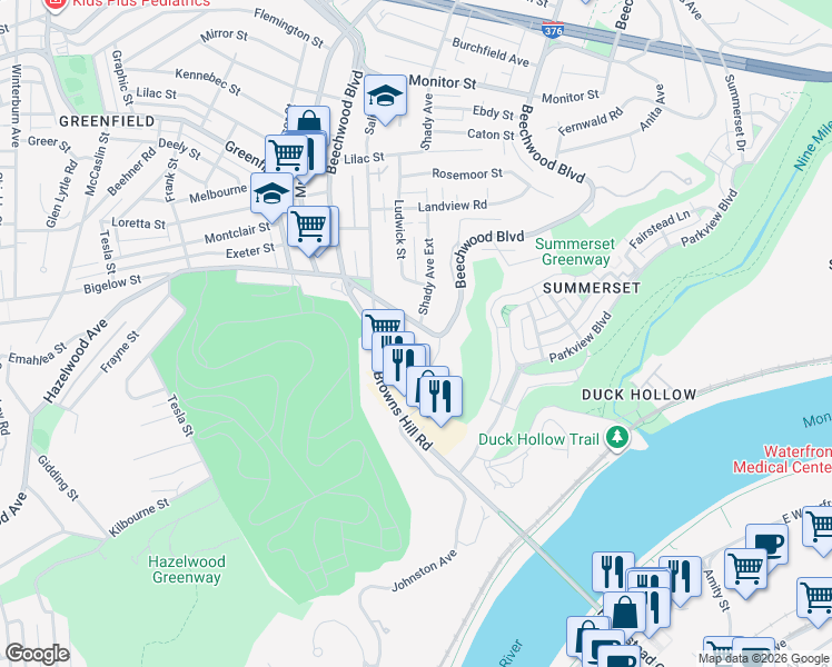 map of restaurants, bars, coffee shops, grocery stores, and more near 3301 Beechwood Boulevard in Pittsburgh