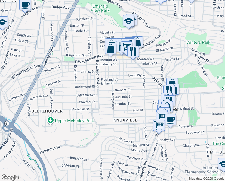map of restaurants, bars, coffee shops, grocery stores, and more near 10 Georgia Avenue in Pittsburgh