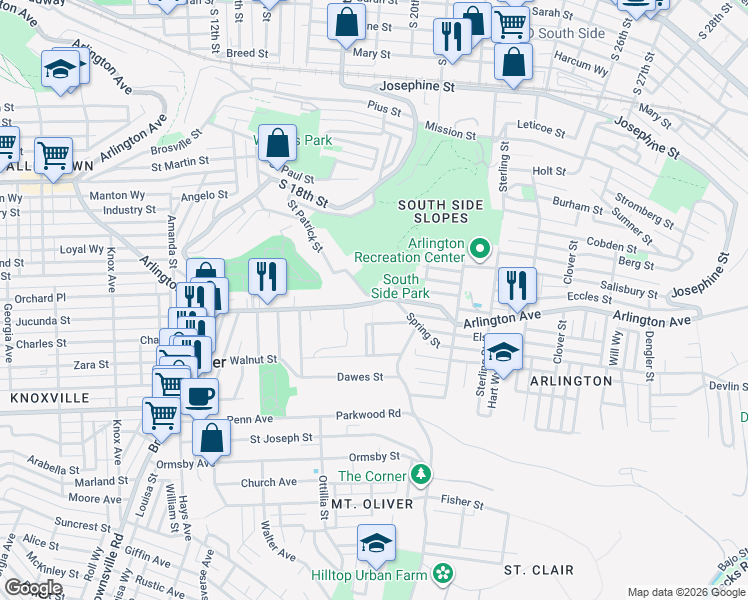 map of restaurants, bars, coffee shops, grocery stores, and more near 1914 Arlington Avenue in Pittsburgh
