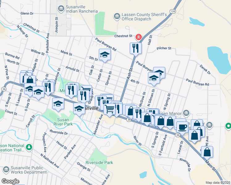 map of restaurants, bars, coffee shops, grocery stores, and more near 253-299 Park Street in Susanville