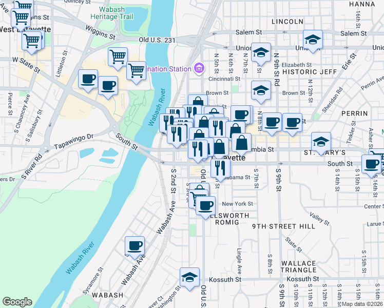 map of restaurants, bars, coffee shops, grocery stores, and more near 2 North 4th Street in Lafayette