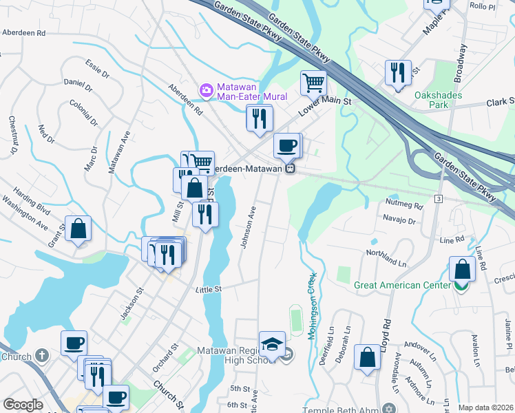 map of restaurants, bars, coffee shops, grocery stores, and more near 26/24 Johnson Avenue in Matawan
