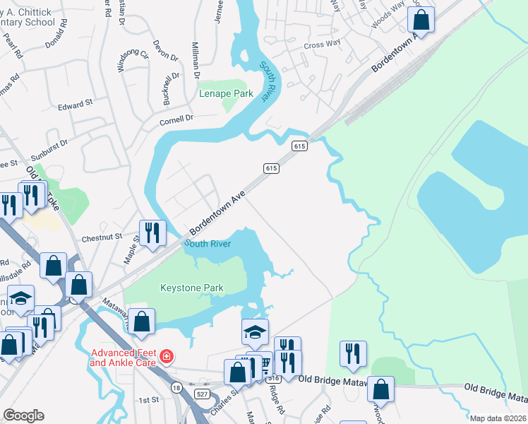 map of restaurants, bars, coffee shops, grocery stores, and more near 25 Sandfield Road in Old Bridge