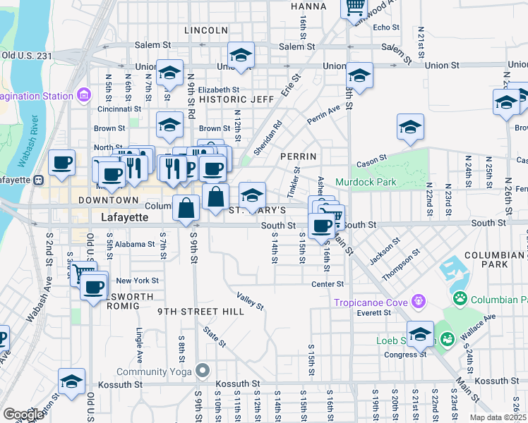 map of restaurants, bars, coffee shops, grocery stores, and more near 1212 South Street in Lafayette