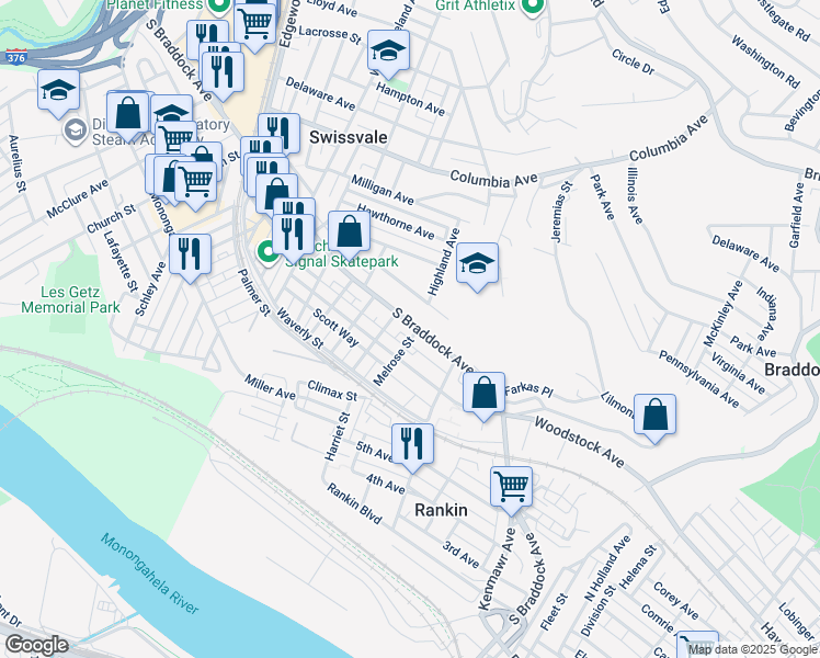 map of restaurants, bars, coffee shops, grocery stores, and more near 2414 South Braddock Avenue in Pittsburgh