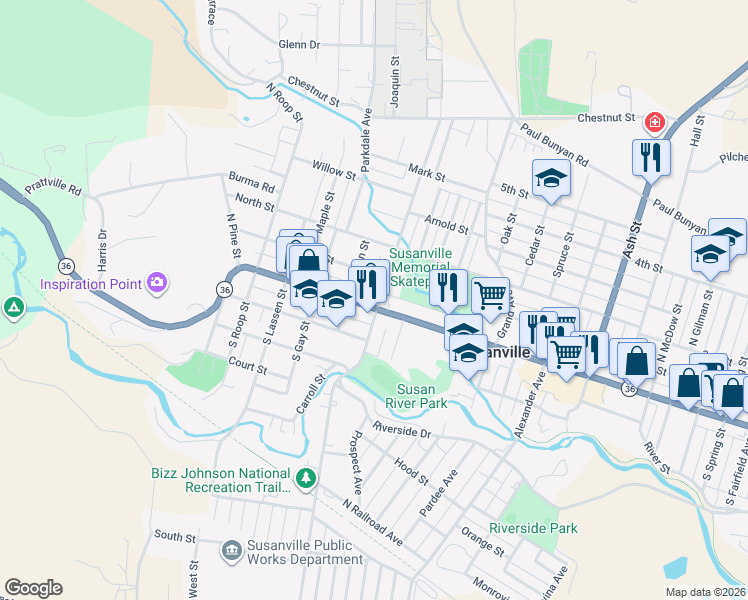 map of restaurants, bars, coffee shops, grocery stores, and more near 920 Main Street in Susanville