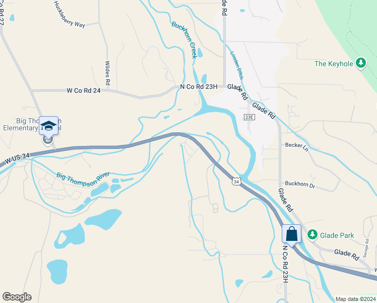 map of restaurants, bars, coffee shops, grocery stores, and more near 6850 U.S. 34 in Loveland