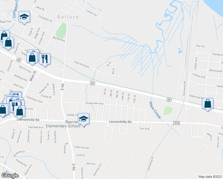 map of restaurants, bars, coffee shops, grocery stores, and more near 121 8th Street in Middletown
