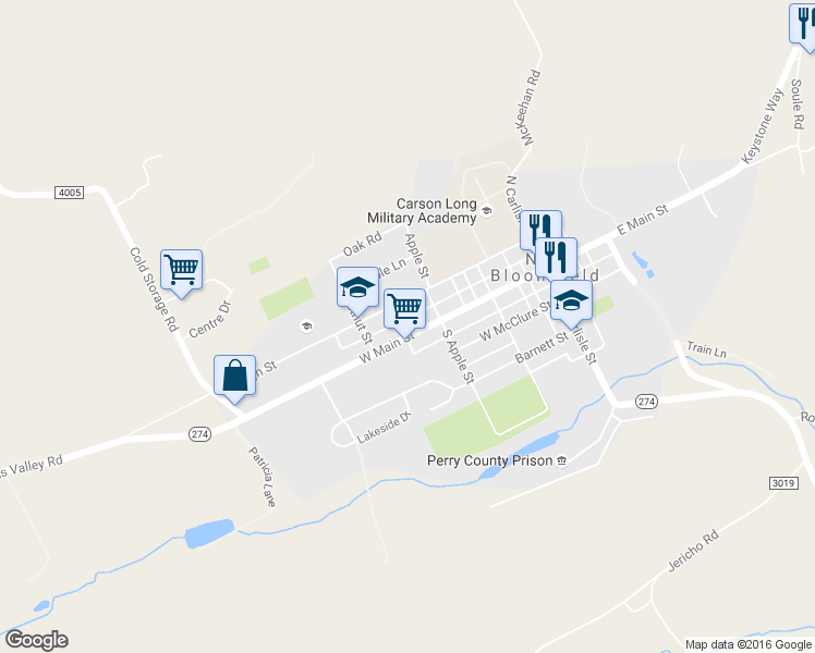 map of restaurants, bars, coffee shops, grocery stores, and more near 228 Pennsylvania 274 in New Bloomfield