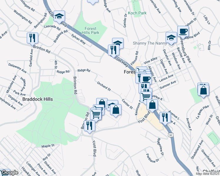 map of restaurants, bars, coffee shops, grocery stores, and more near 122 Center Street in Pittsburgh
