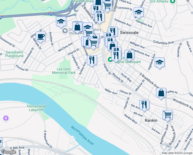 map of restaurants, bars, coffee shops, grocery stores, and more near 7311 Agnes Street in Pittsburgh