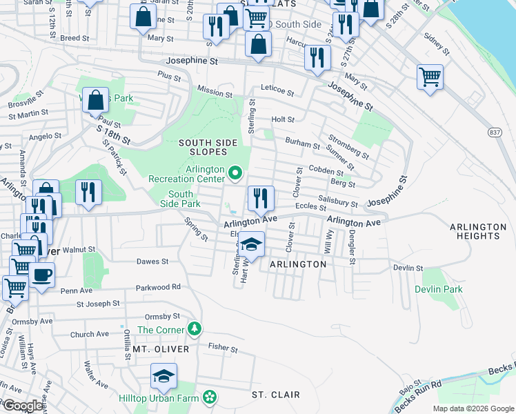 map of restaurants, bars, coffee shops, grocery stores, and more near 2233 Arlington Avenue in Pittsburgh
