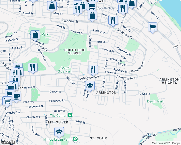 map of restaurants, bars, coffee shops, grocery stores, and more near 2233 Arlington Avenue in Pittsburgh