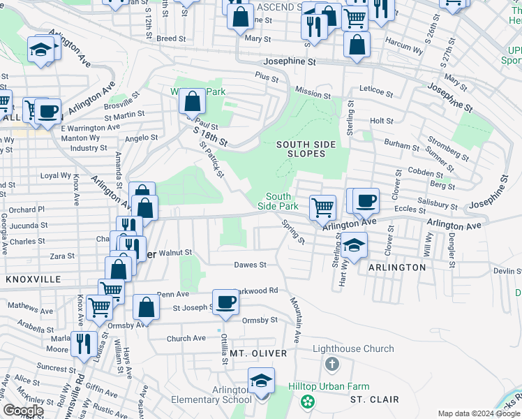 map of restaurants, bars, coffee shops, grocery stores, and more near 1914 Arlington Avenue in Pittsburgh