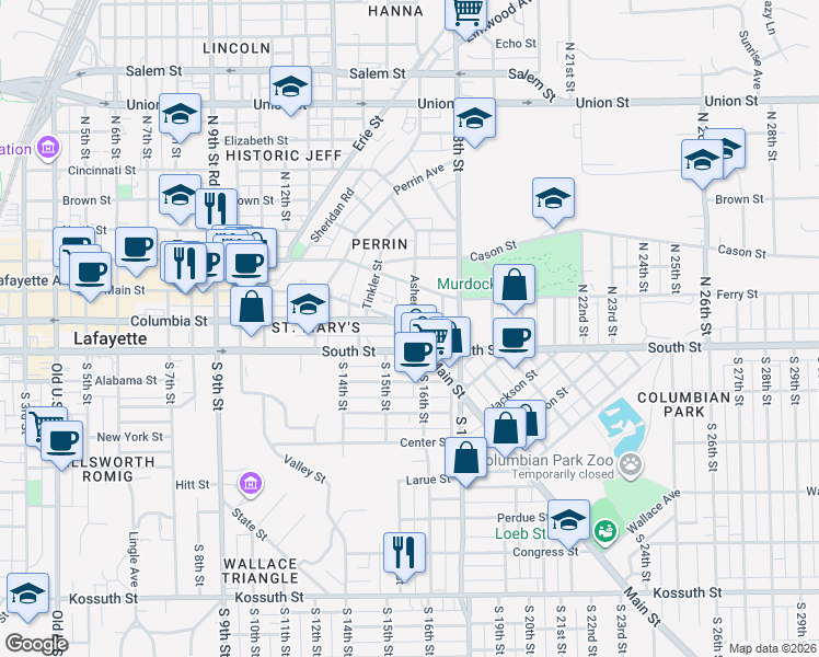 map of restaurants, bars, coffee shops, grocery stores, and more near 1534 Main Street in Lafayette