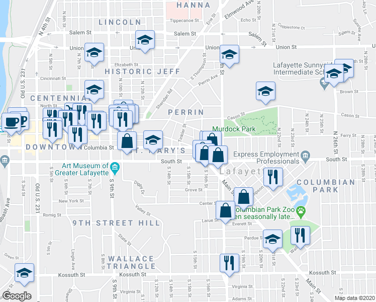 map of restaurants, bars, coffee shops, grocery stores, and more near 1444 South Street in Lafayette