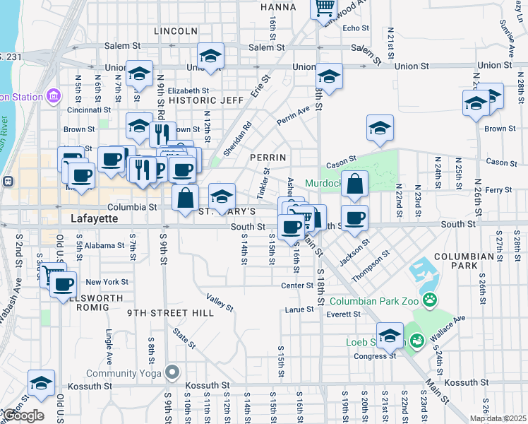 map of restaurants, bars, coffee shops, grocery stores, and more near 1444 South Street in Lafayette