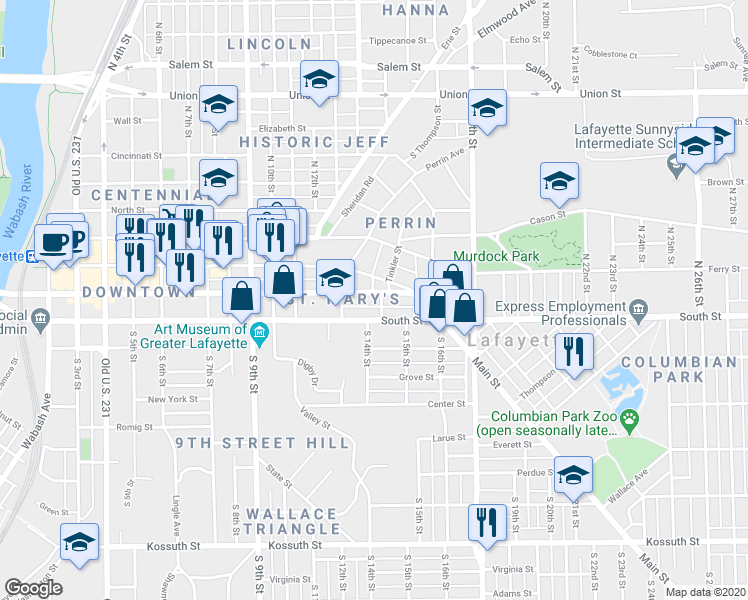 map of restaurants, bars, coffee shops, grocery stores, and more near 1332 South Street in Lafayette