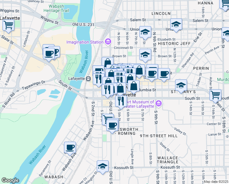 map of restaurants, bars, coffee shops, grocery stores, and more near 500E South Street in Lafayette