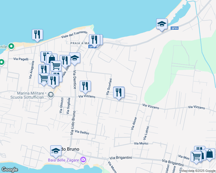 map of restaurants, bars, coffee shops, grocery stores, and more near 9 Via Scorfani in Taranto