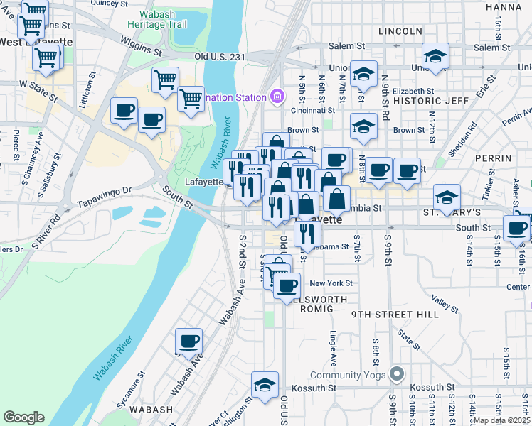 map of restaurants, bars, coffee shops, grocery stores, and more near 2 North 4th Street in Lafayette
