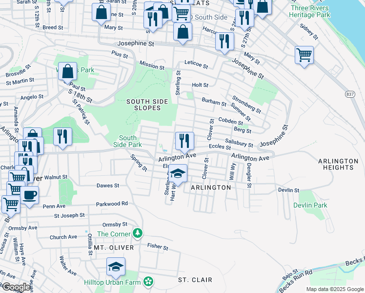 map of restaurants, bars, coffee shops, grocery stores, and more near 2233 Arlington Avenue in Pittsburgh