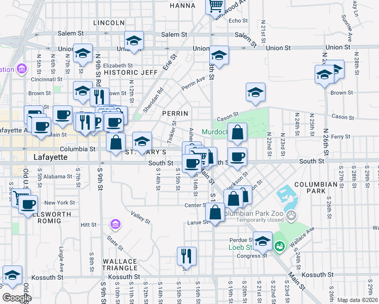 map of restaurants, bars, coffee shops, grocery stores, and more near 1534 Main Street in Lafayette