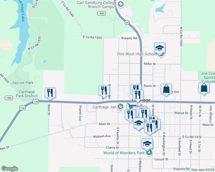 map of restaurants, bars, coffee shops, grocery stores, and more near 238 Dallas Road in Carthage
