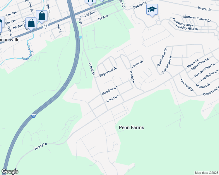 map of restaurants, bars, coffee shops, grocery stores, and more near 1203 Meadow Lane in Duncansville