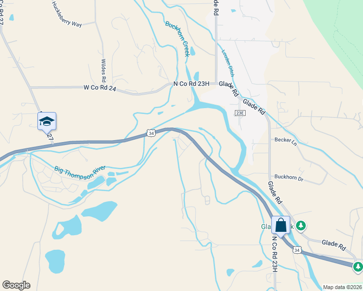 map of restaurants, bars, coffee shops, grocery stores, and more near 6850 U.S. 34 in Loveland