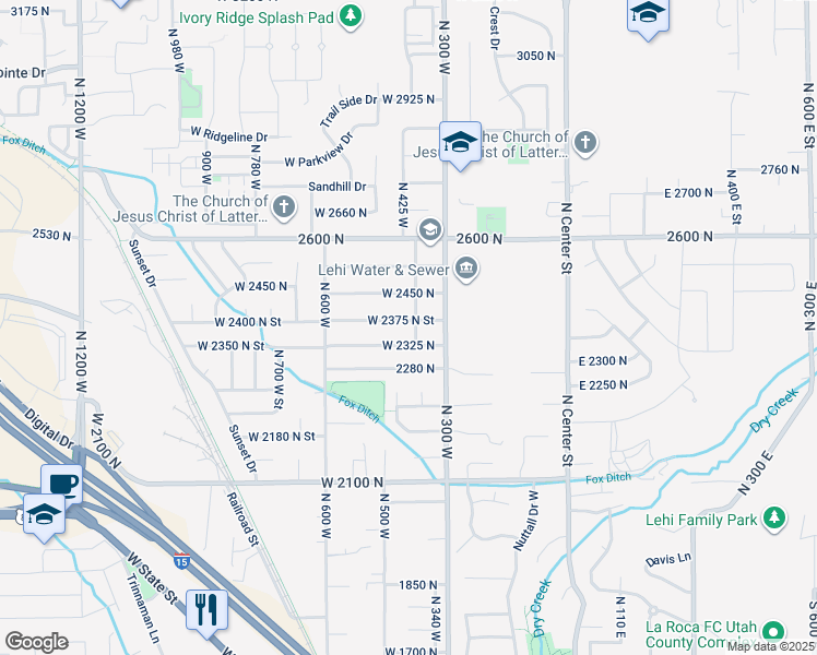 map of restaurants, bars, coffee shops, grocery stores, and more near 401 West 2375 North Street in Lehi