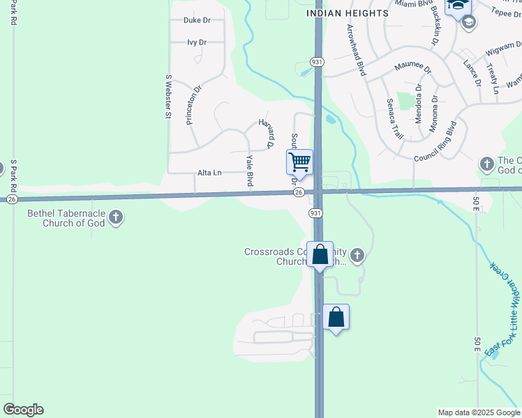 map of restaurants, bars, coffee shops, grocery stores, and more near 289 400 South in Kokomo