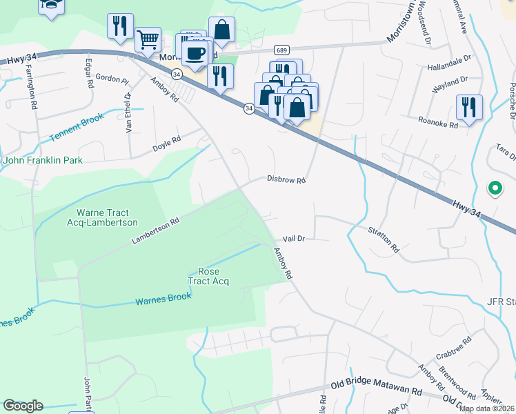 map of restaurants, bars, coffee shops, grocery stores, and more near 190 Amboy Road in Matawan
