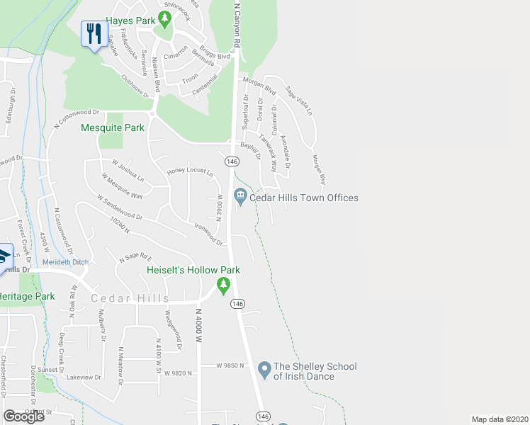 map of restaurants, bars, coffee shops, grocery stores, and more near 10237 Bayhill Drive in Cedar Hills