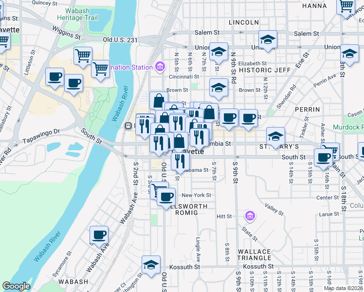 map of restaurants, bars, coffee shops, grocery stores, and more near 500E South Street in Lafayette
