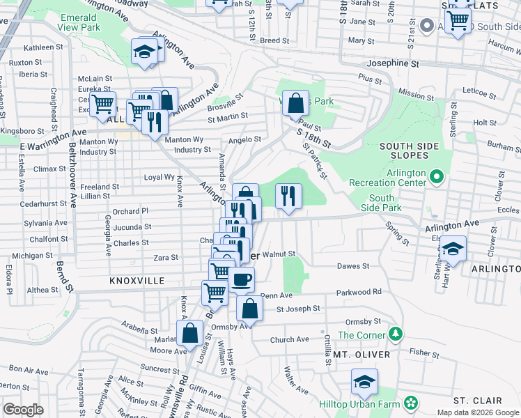 map of restaurants, bars, coffee shops, grocery stores, and more near 1715 Arlington Court in Pittsburgh