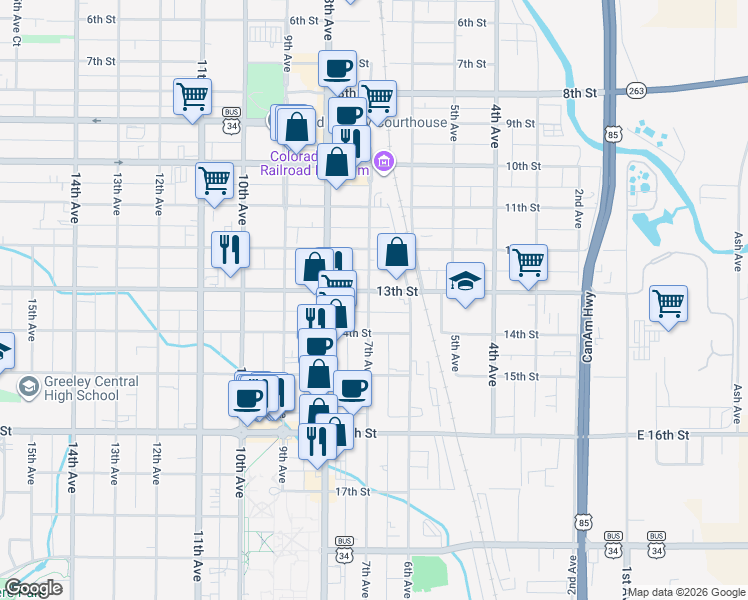 map of restaurants, bars, coffee shops, grocery stores, and more near 630 13th Street in Greeley