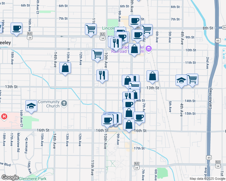 map of restaurants, bars, coffee shops, grocery stores, and more near 1324 9th Avenue in Greeley