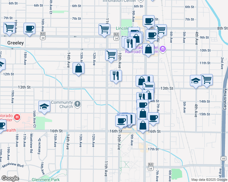 map of restaurants, bars, coffee shops, grocery stores, and more near 1019 14th Street in Greeley