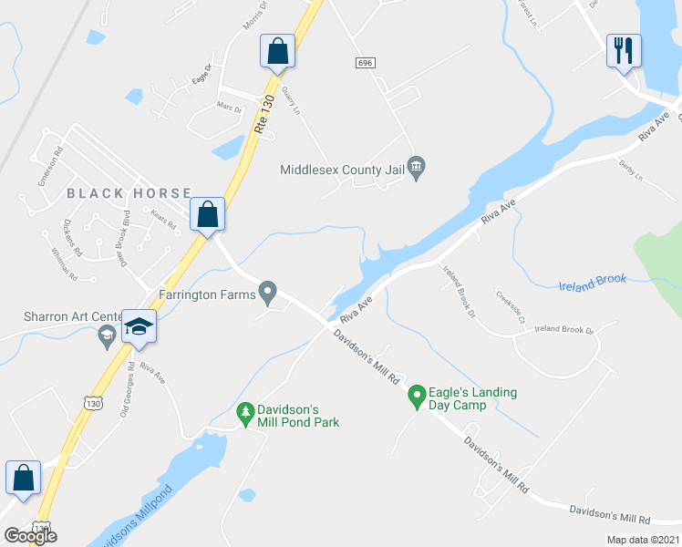 map of restaurants, bars, coffee shops, grocery stores, and more near 39 Davidson's Mill Road in North Brunswick Township