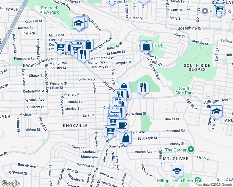 map of restaurants, bars, coffee shops, grocery stores, and more near 1630 Arlington Avenue in Pittsburgh