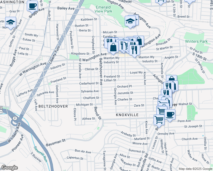 map of restaurants, bars, coffee shops, grocery stores, and more near 425 Jucunda Street in Pittsburgh
