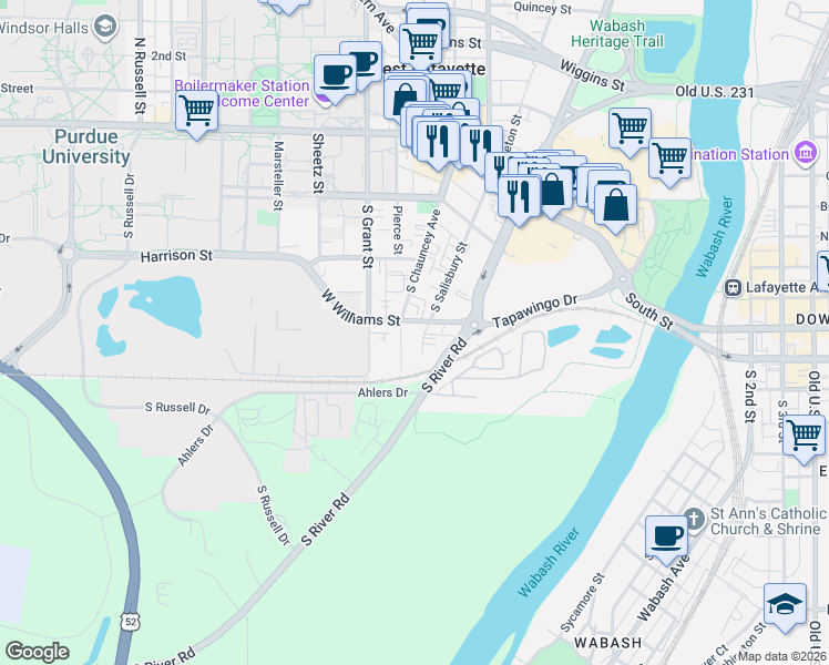map of restaurants, bars, coffee shops, grocery stores, and more near 428 South Chauncey Avenue in West Lafayette