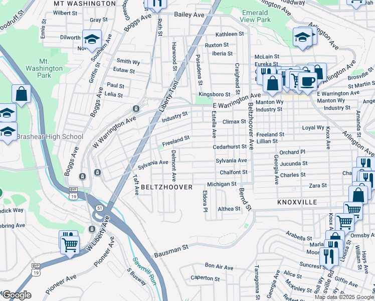 map of restaurants, bars, coffee shops, grocery stores, and more near 226 Cedarhurst Street in Pittsburgh