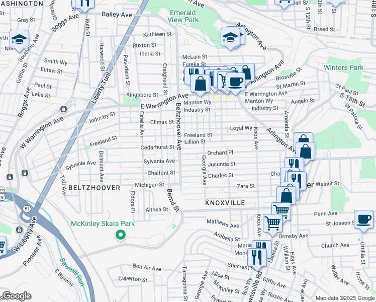 map of restaurants, bars, coffee shops, grocery stores, and more near 425 Jucunda Street in Pittsburgh
