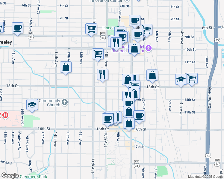 map of restaurants, bars, coffee shops, grocery stores, and more near 1324 9th Avenue in Greeley