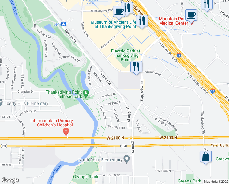 map of restaurants, bars, coffee shops, grocery stores, and more near 2464 West 2400 North in Lehi